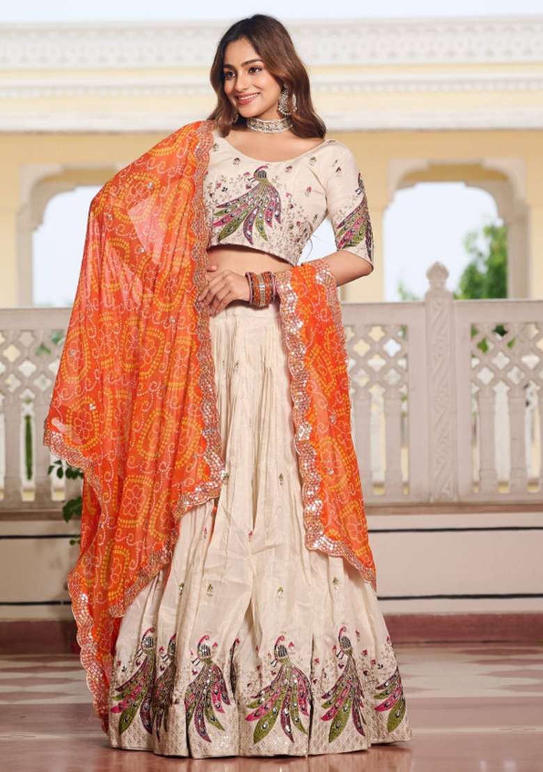Cream Motif Poly Blended Lehenga Choli for Diwali and Festive Wear - Indya