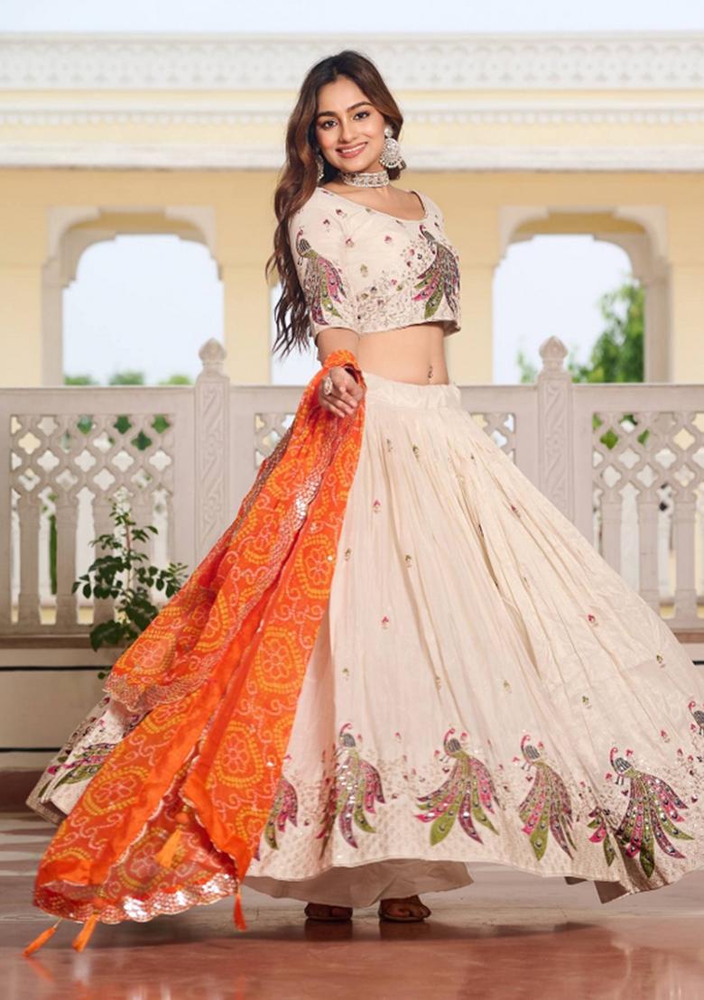 Cream Motif Poly Blended Lehenga Choli - Indya