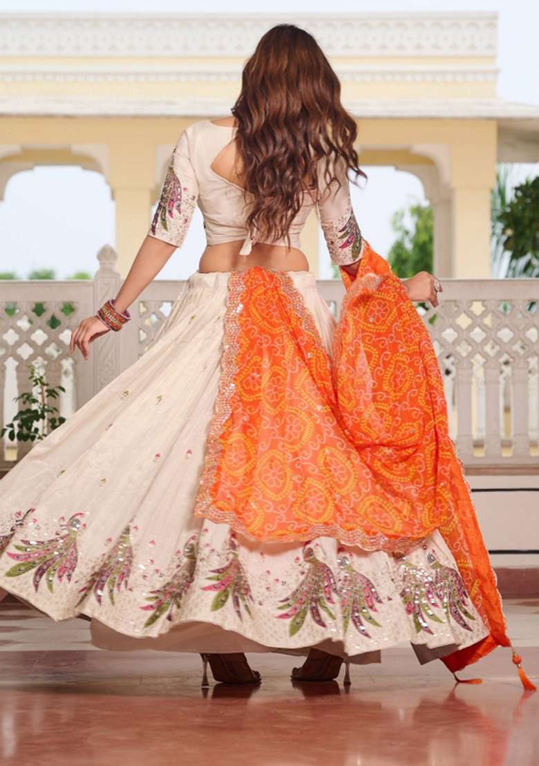 Cream Motif Poly Blended Lehenga Choli for Diwali and Festive Wear - Indya