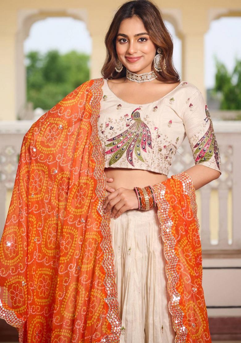 Cream Motif Poly Blended Lehenga Choli - Indya