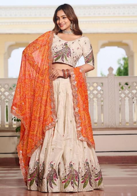 Cream Motif Poly Blended Lehenga Choli