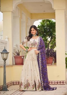 Cream Motif Poly Blended Lehenga Choli