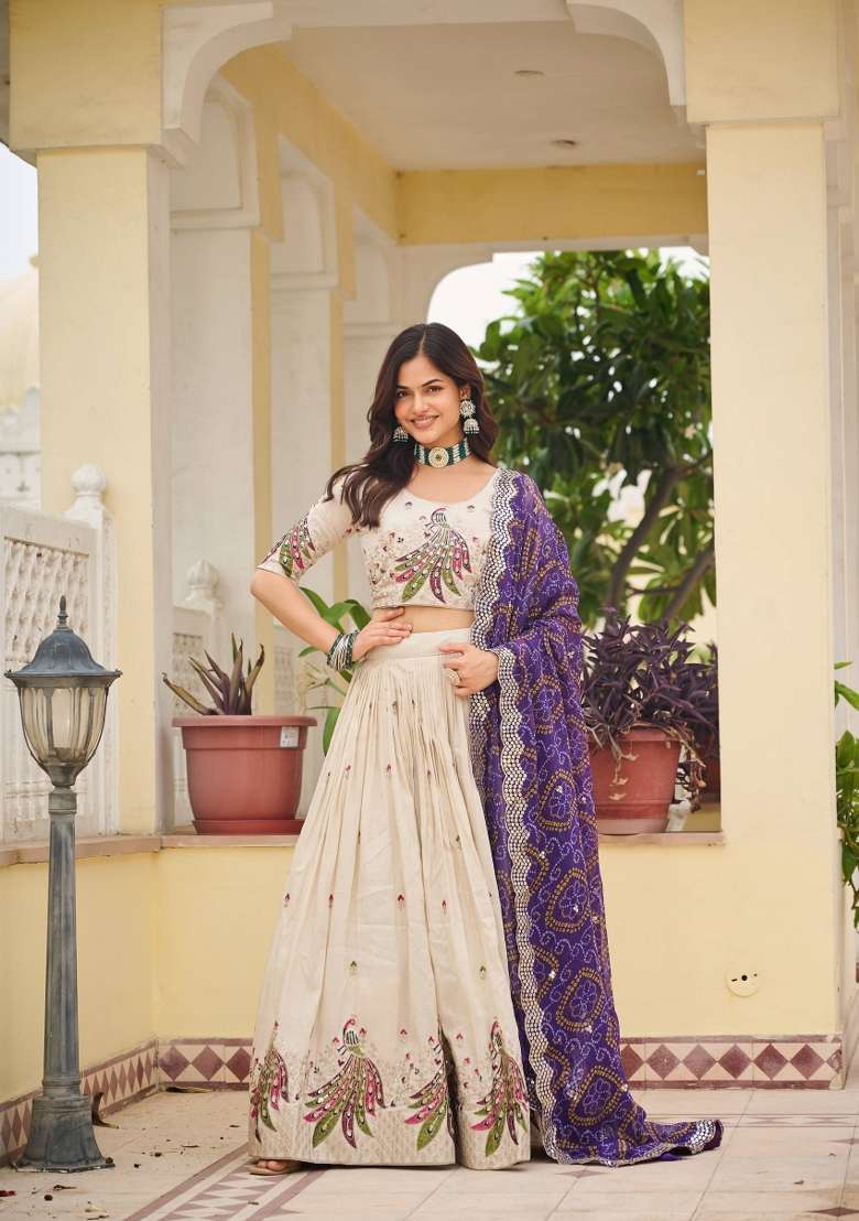 Cream Motif Poly Blended Choli Lehenga for Diwali | Wedding & Festive Wear - Indya