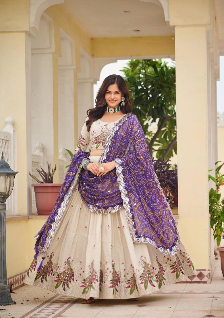 Cream Motif Poly Blended Lehenga Choli - Indya