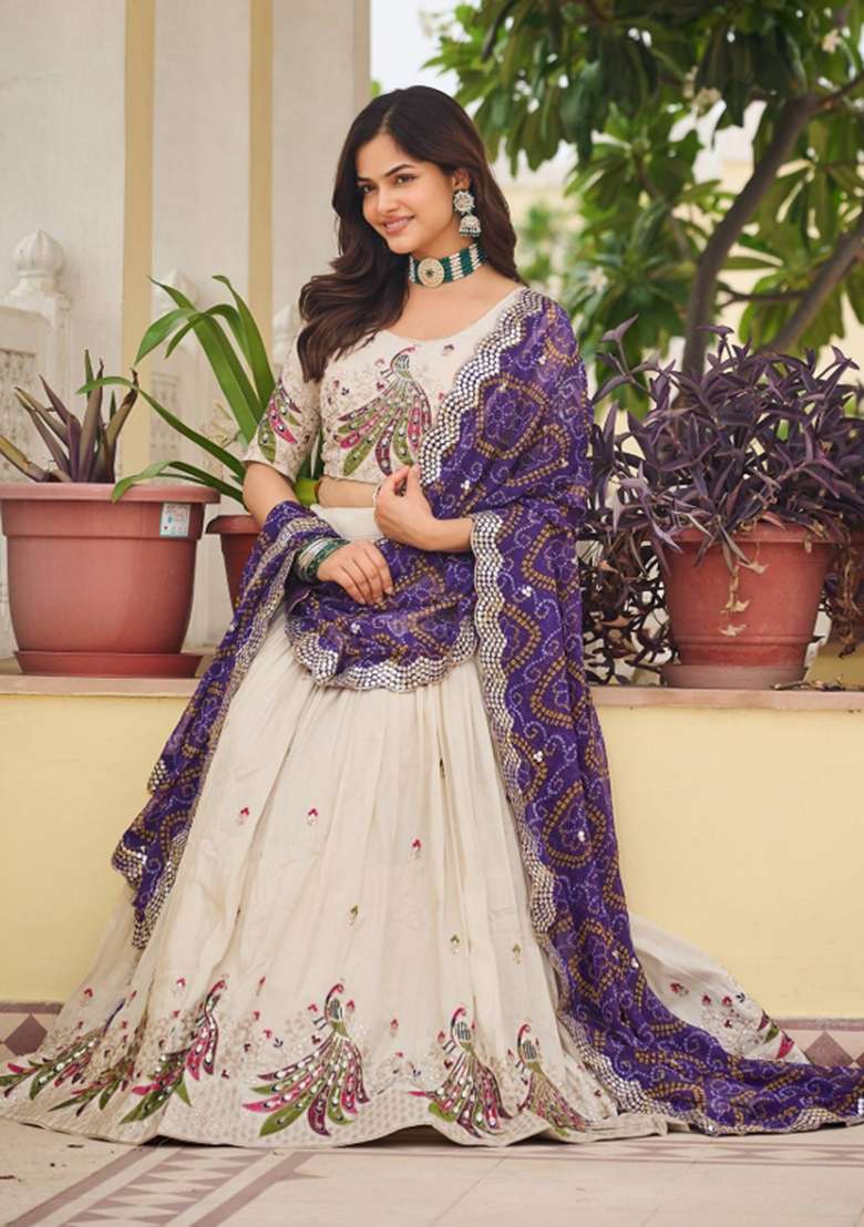 Cream Motif Poly Blended Choli Lehenga for Diwali | Wedding & Festive Wear - Indya