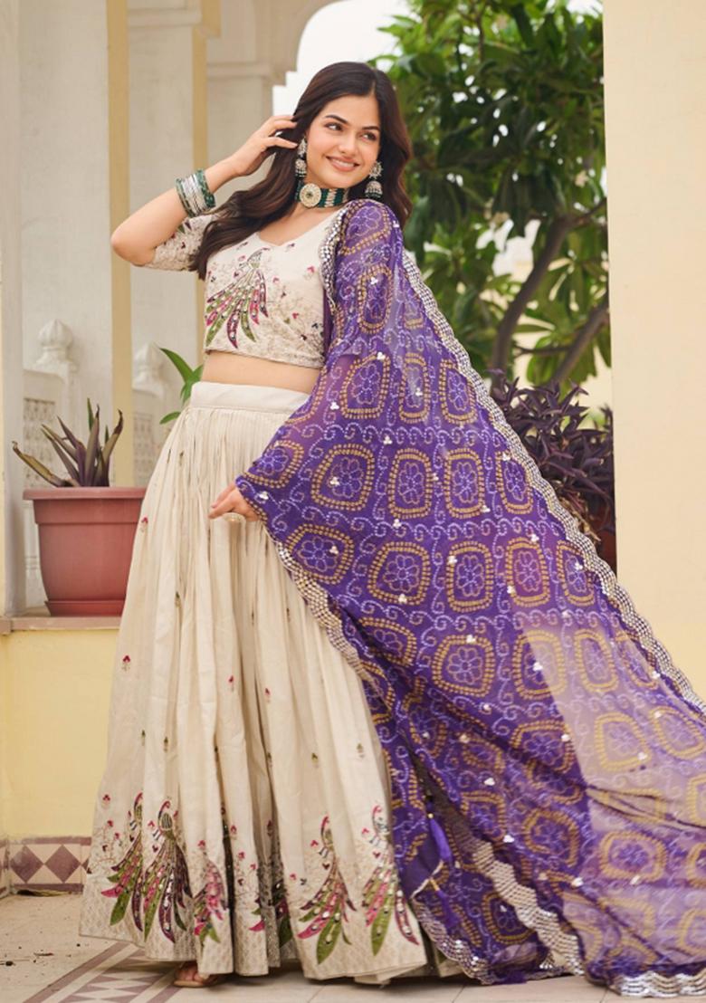 Cream Motif Poly Blended Lehenga Choli - Indya