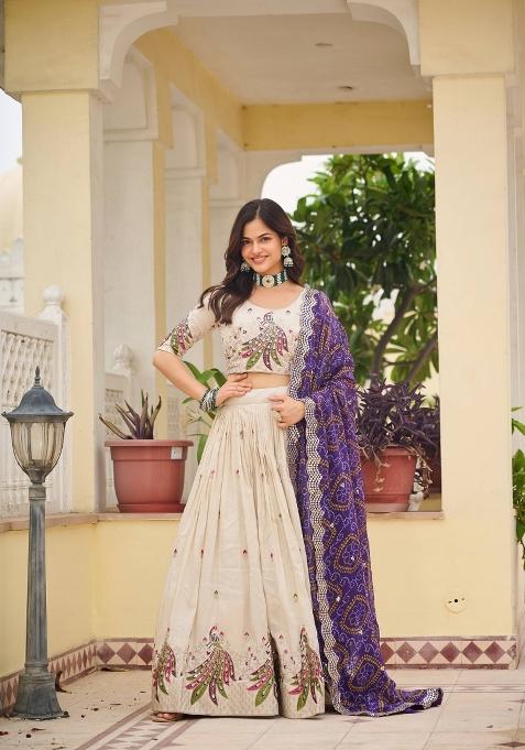 Cream Motif Poly Blended Lehenga Choli