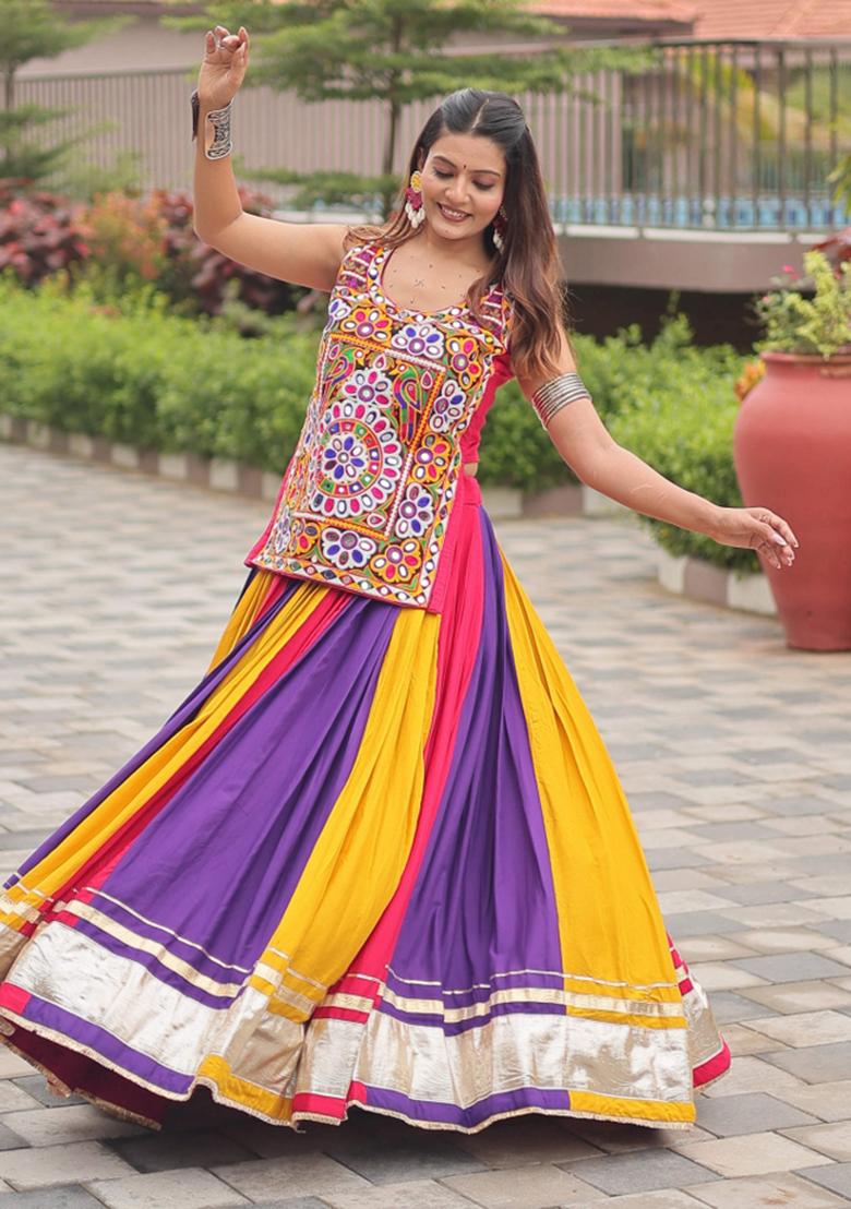 Multi Heavy Gamathi Work With Real Mirror Work Cotton Blend Lehenga Choli - Indya