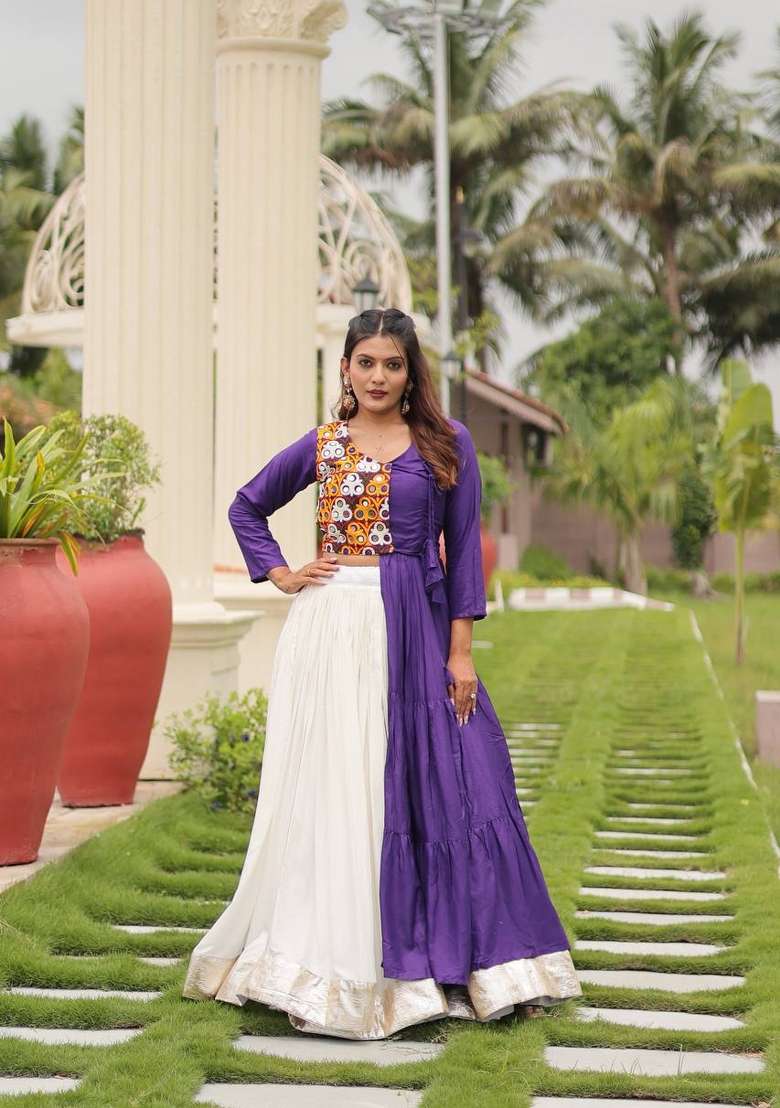 Purple Motif Cotton Chaniya Choli Set For Navratri And Garba for Diwali | Wedding & Festive Wear - Indya