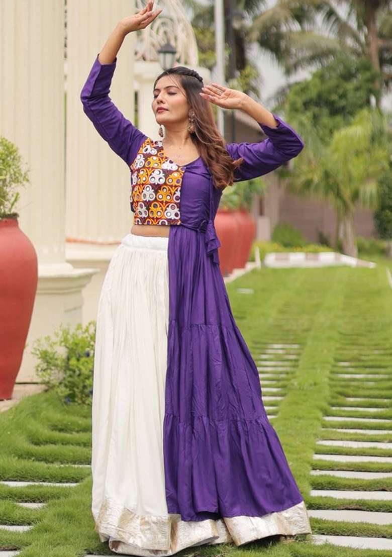 Purple Motif Cotton Chaniya Choli Set For Navratri And Garba for Diwali | Wedding & Festive Wear - Indya