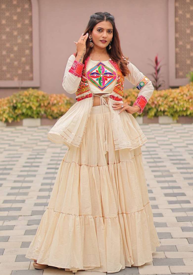 Off White Motif Cotton Chaniya Choli Set For Navratri And Garba for Diwali | Wedding & Festive Wear - Indya