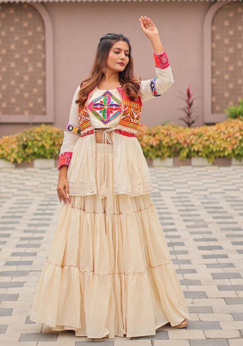 Off White Motif Cotton Lehenga Choli - Indya
