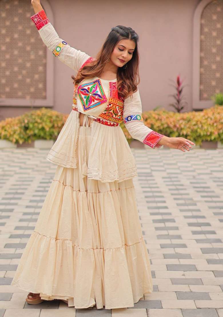 Off White Motif Cotton Chaniya Choli Set For Navratri And Garba for Diwali | Wedding & Festive Wear - Indya