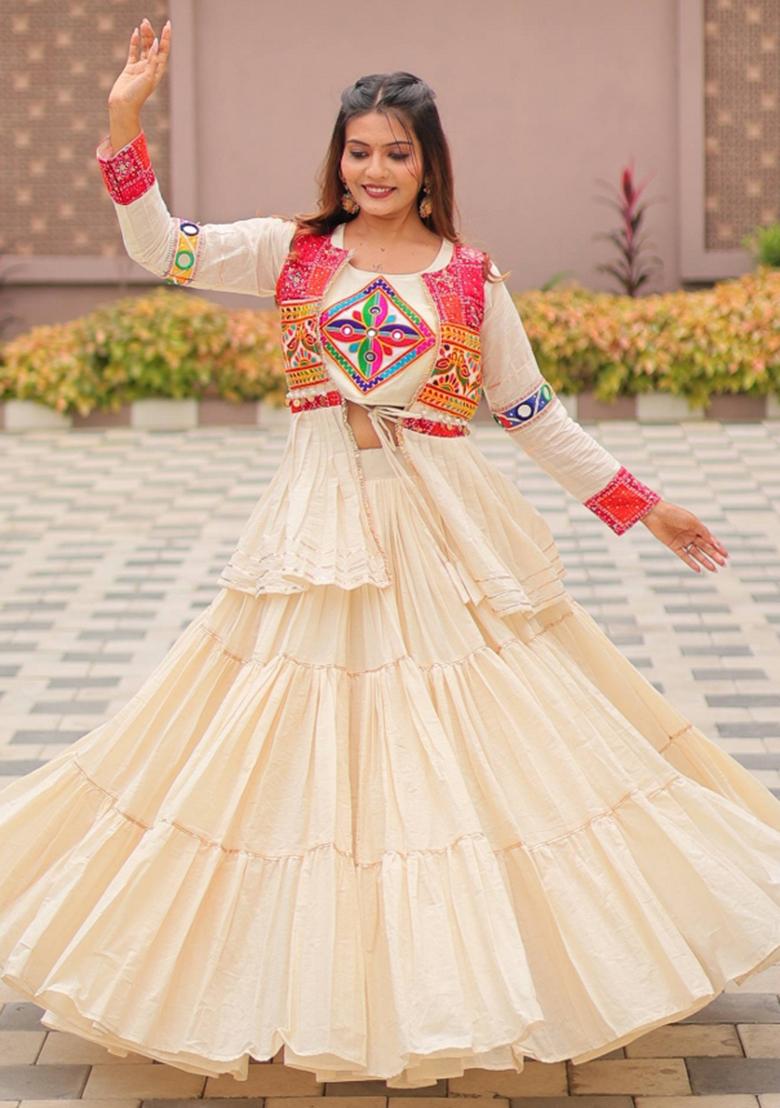Off White Motif Cotton Lehenga Choli - Indya