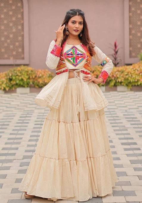 Off White Motif Cotton Lehenga Choli