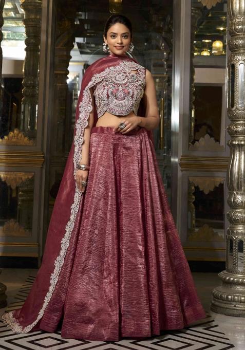 Rust Embroidered Gold Crush Lehenga Set