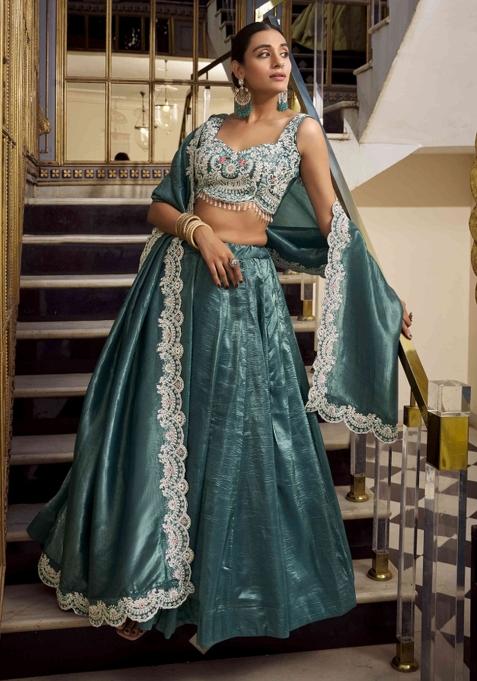 Teal Embroidered Gold Crush Lehenga Set