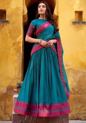 Teal Thread Work Chanderi Lehenga Set