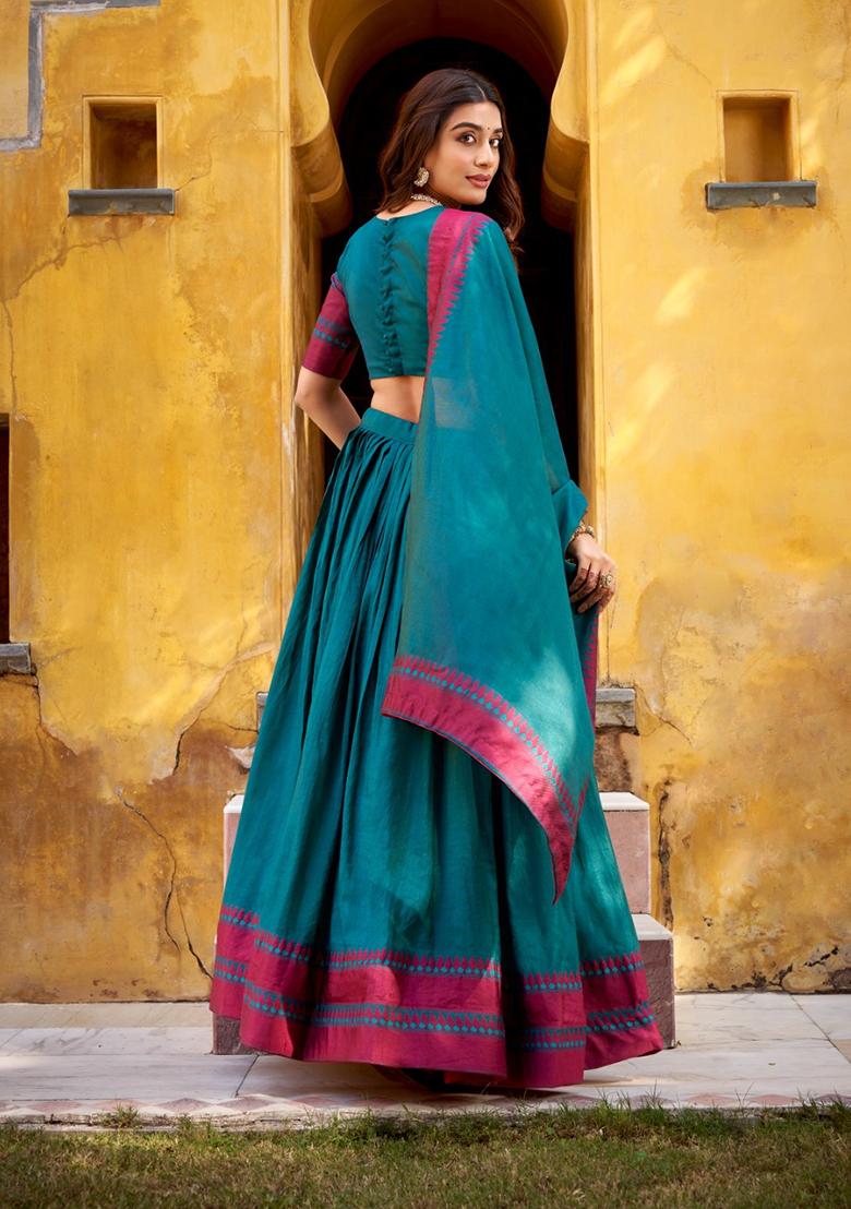 Teal Thread Work Chanderi Lehenga Set - Indya