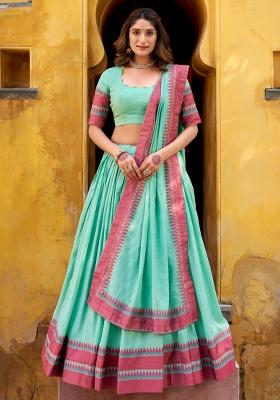 Sky blue Thread Work Chanderi Lehenga Set