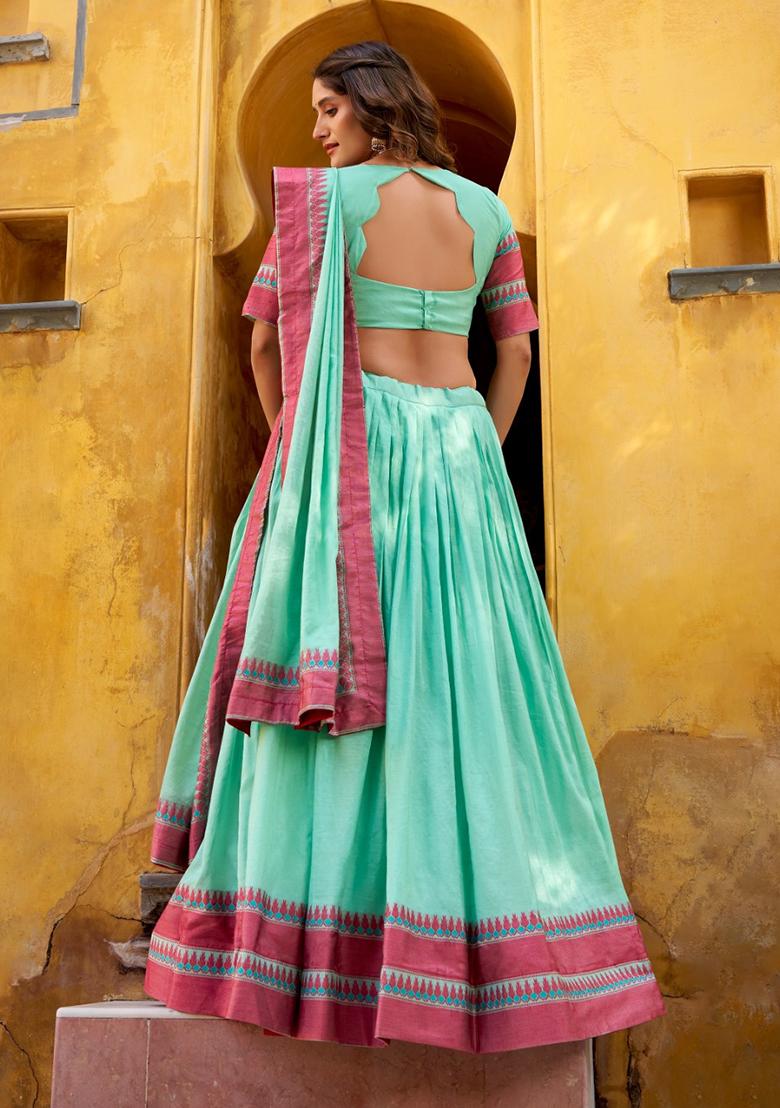 Sky blue Thread Work Chanderi Lehenga Set - Indya