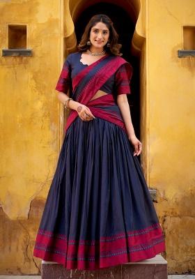 Navy Blue Thread Work Chanderi Lehenga Set