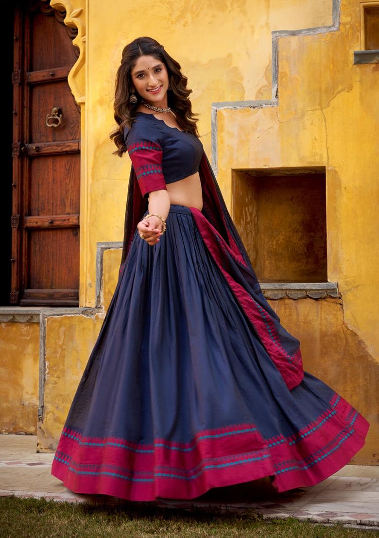 Navy Blue Thread Work Chanderi Lehenga Set - Indya