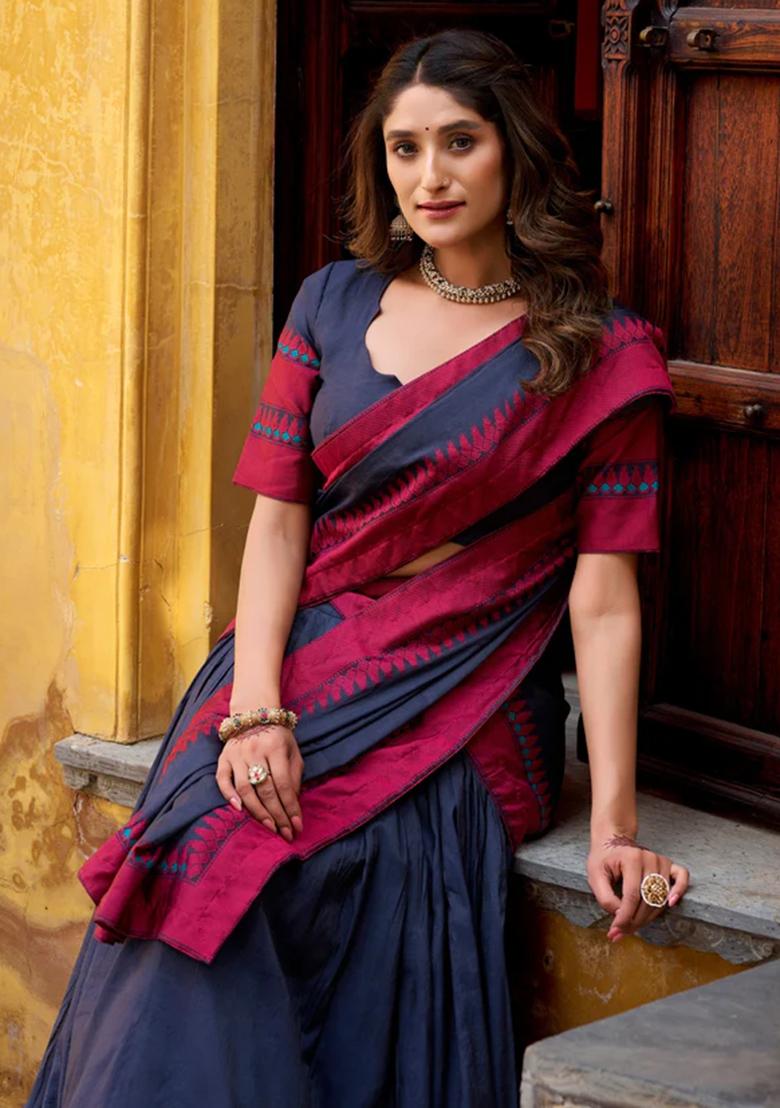 Navy Blue Thread Work Chanderi Lehenga Set - Indya