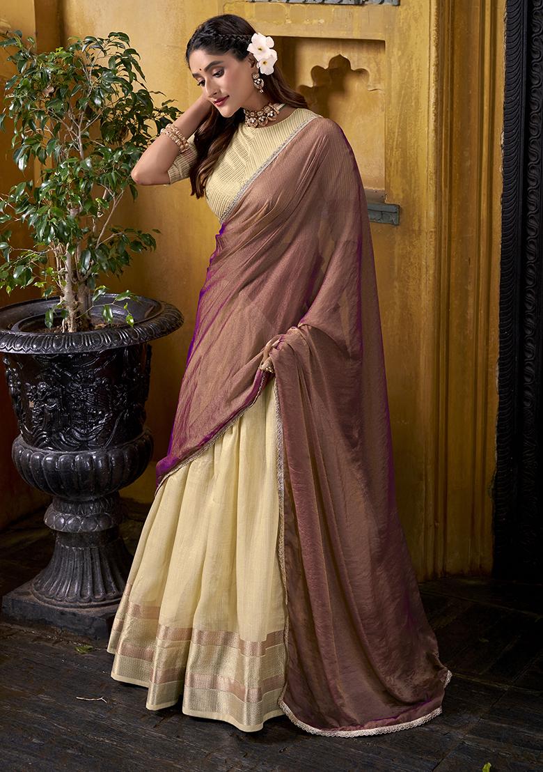 Yellow Zari Weaving Silk Lehenga Set - Indya