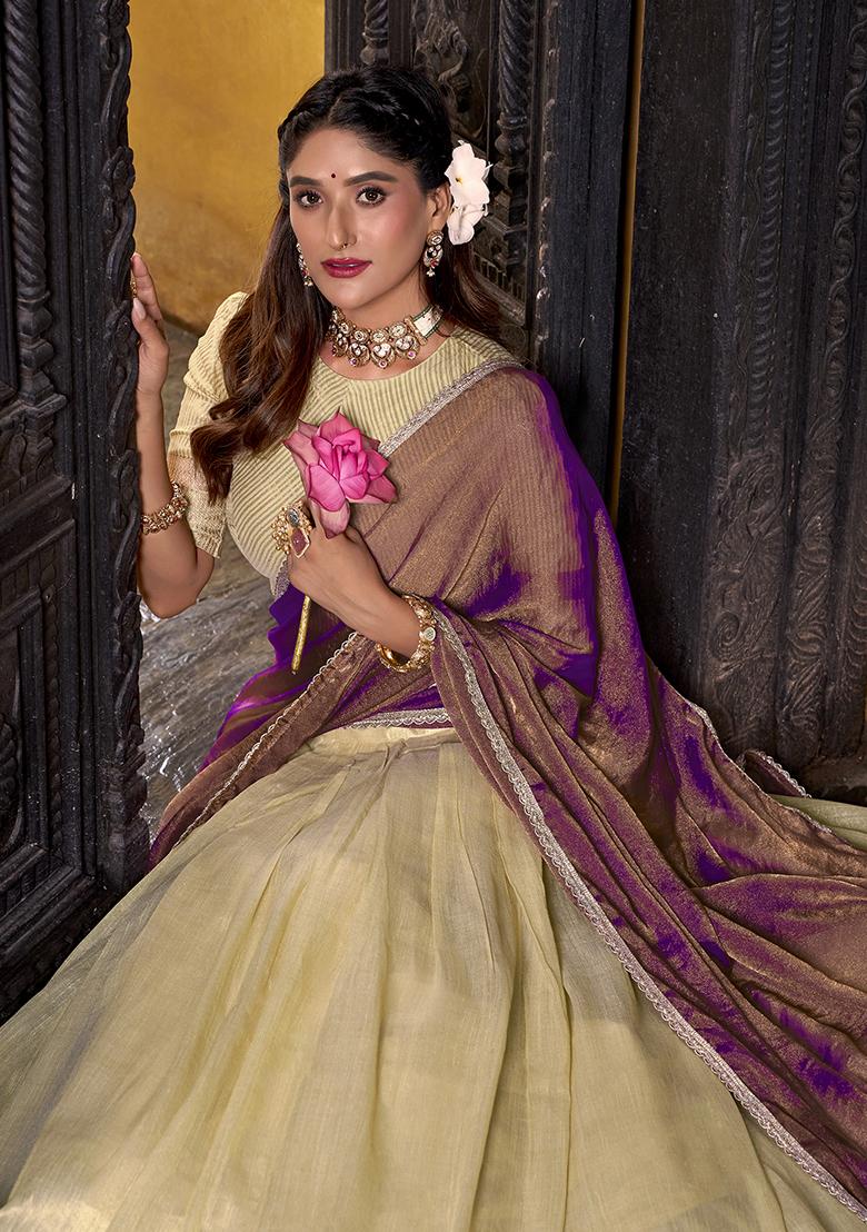 Yellow Zari Weaving Silk Lehenga Set - Indya