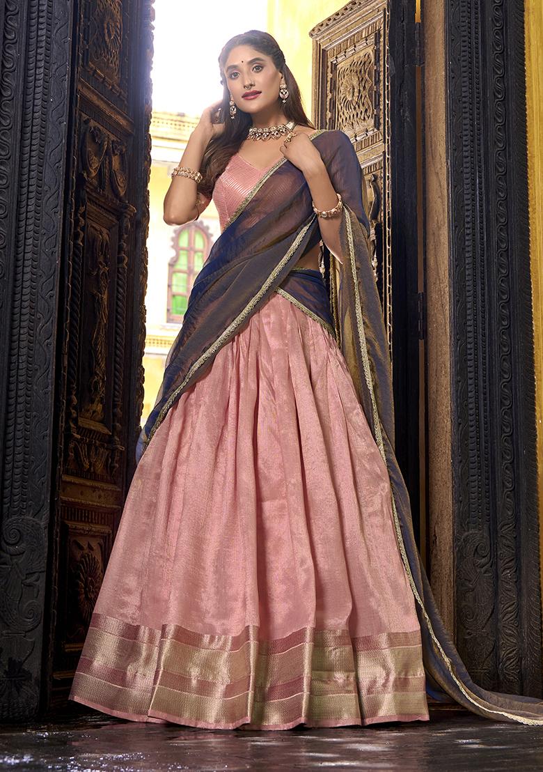 Pink Zari Weaving Silk Lehenga Set - Indya