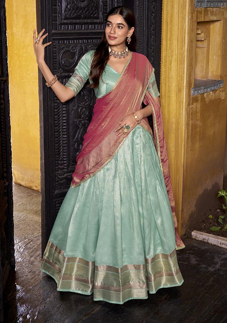 Sky blue Zari Weaving Silk Lehenga Set - Indya