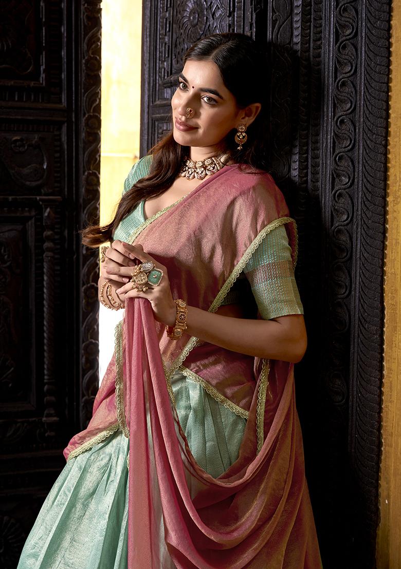 Sky blue Zari Weaving Silk Lehenga Set - Indya