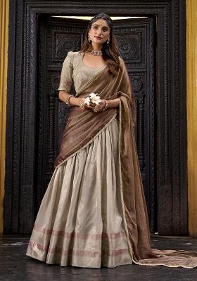 Cream Zari Weaving Silk Lehenga Set