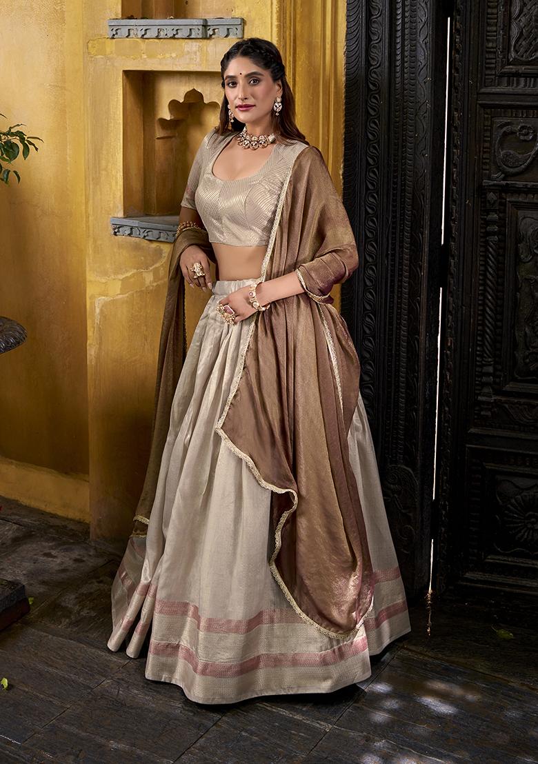 Cream Zari Weaving Silk Lehenga Set - Indya