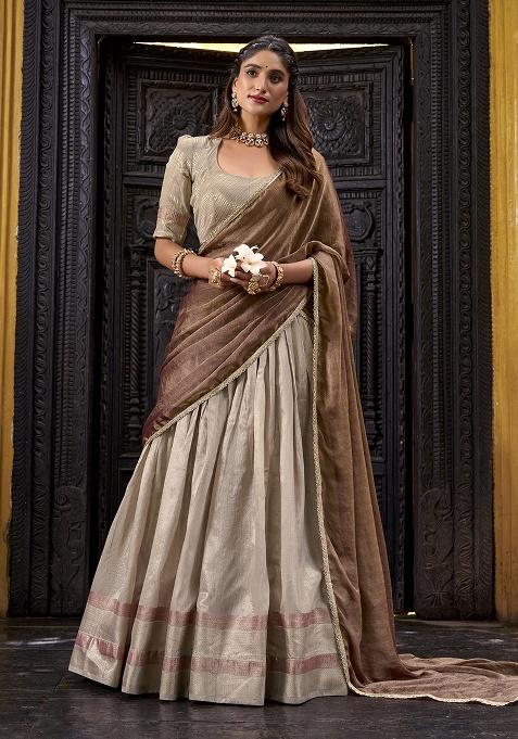 Cream Zari Weaving Silk Lehenga Set