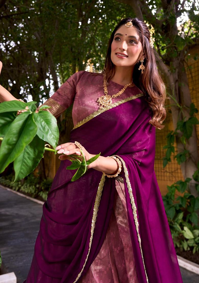 Pink Zari Weaving Silk Lehenga Set - Indya