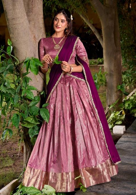 Pink Zari Weaving Silk Lehenga Set