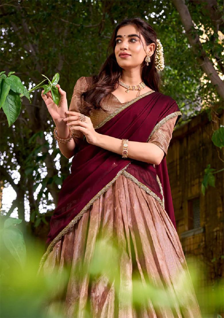 Peach Zari Weaving Silk Lehenga Set - Indya