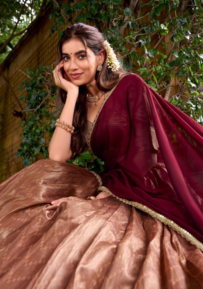 Peach Zari Weaving Silk Lehenga Set - Indya