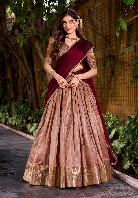 Peach Zari Weaving Silk Lehenga Set