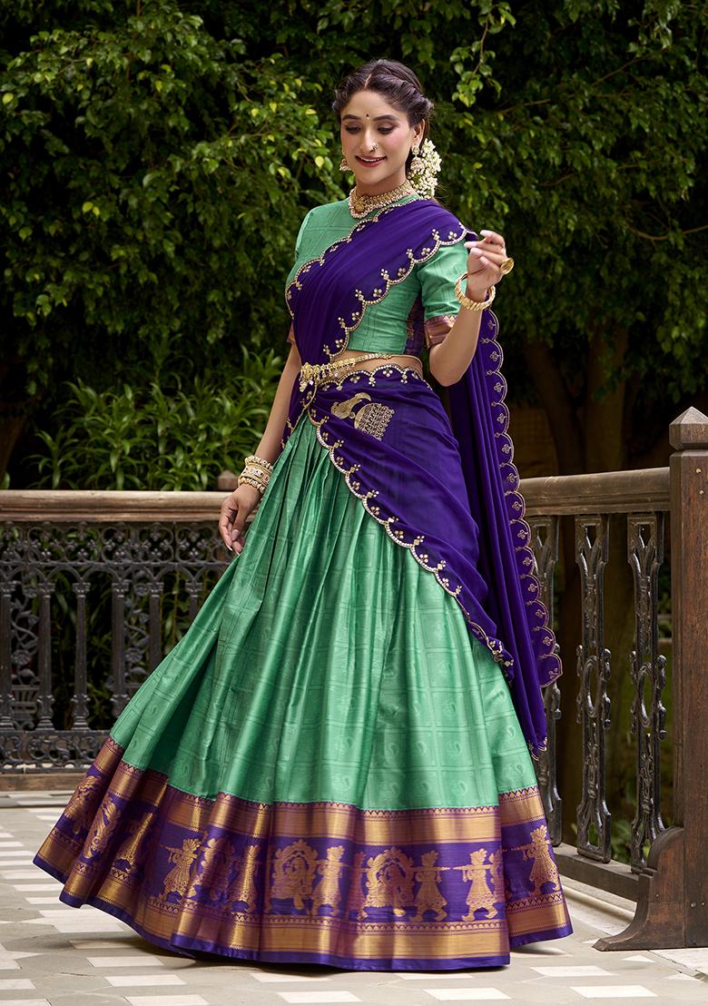 Bottle Green Zari Weaving Poly Cotton Lehenga Set - Indya