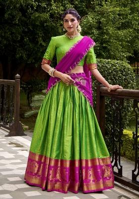 Parrot Zari Weaving Poly Cotton Lehenga Set
