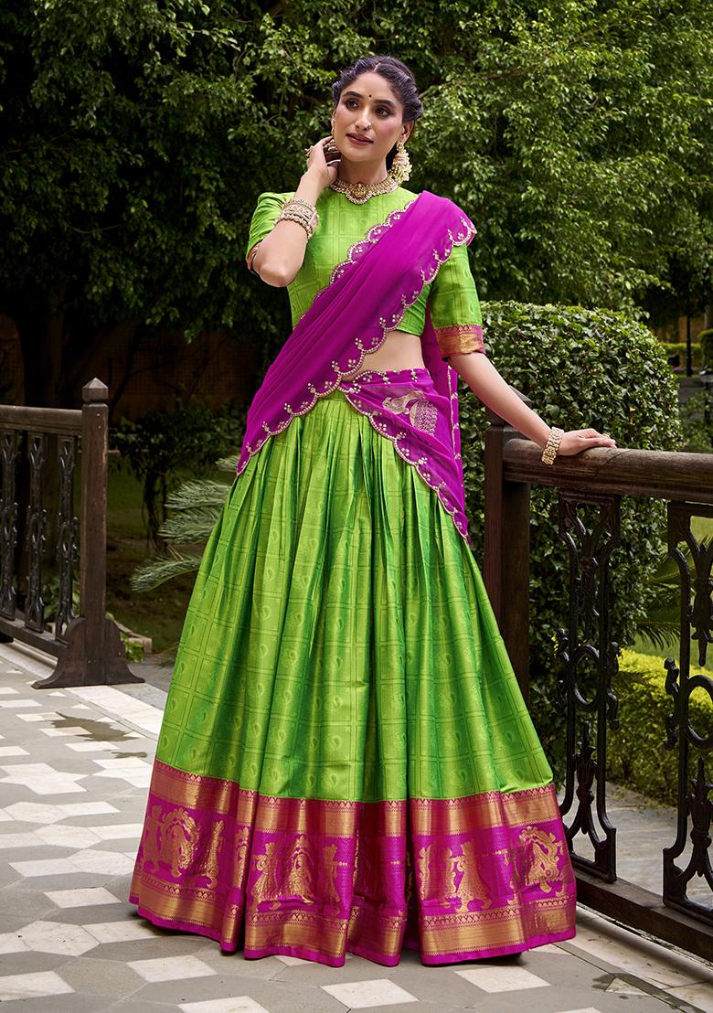 Parrot Zari Weaving Poly Cotton Lehenga Set - Indya