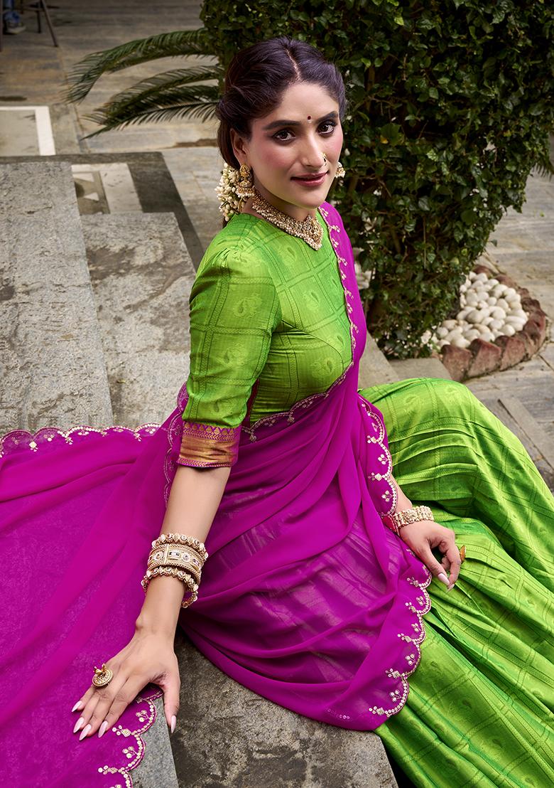 Parrot Zari Weaving Poly Cotton Lehenga Set - Indya