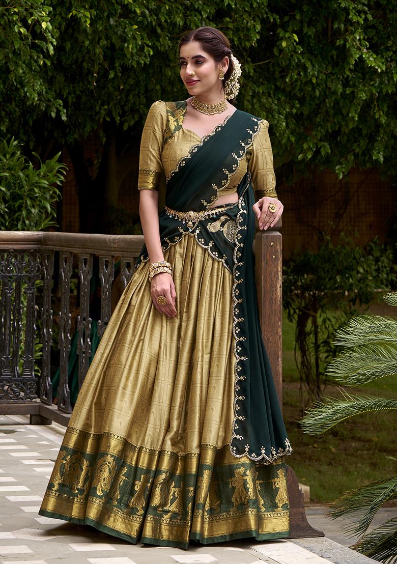 Cream Zari Weaving Poly Cotton Lehenga Set - Indya