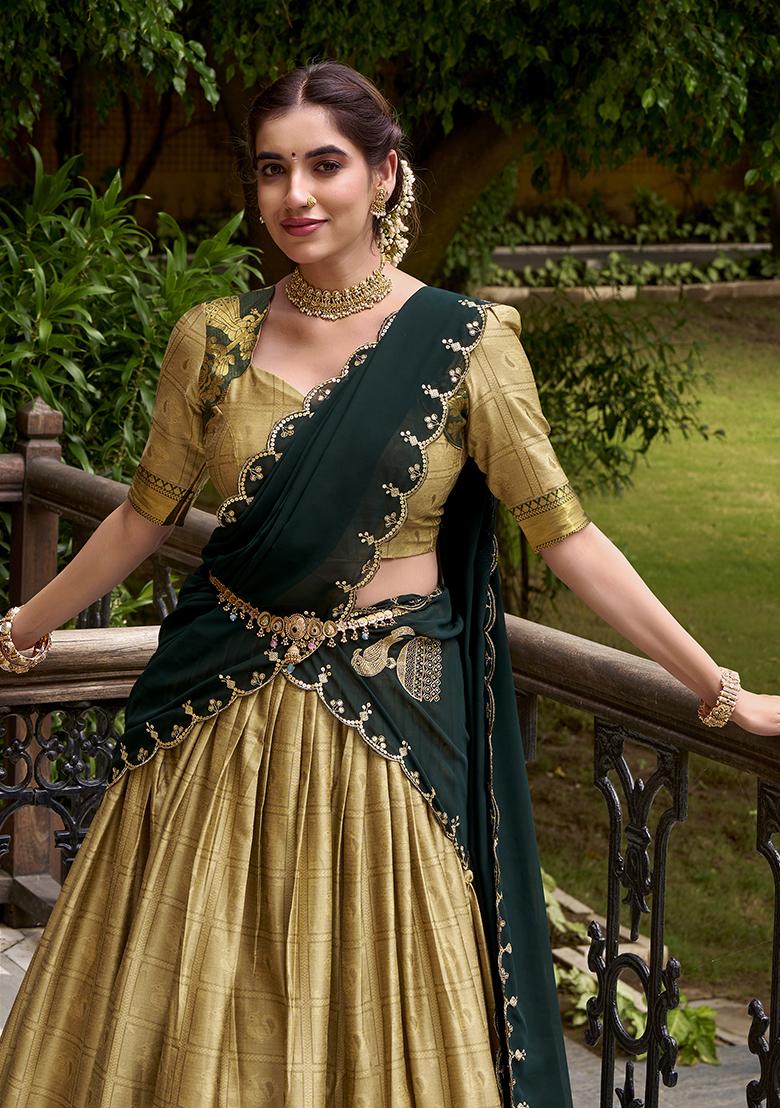 Cream Zari Weaving Poly Cotton Lehenga Set - Indya