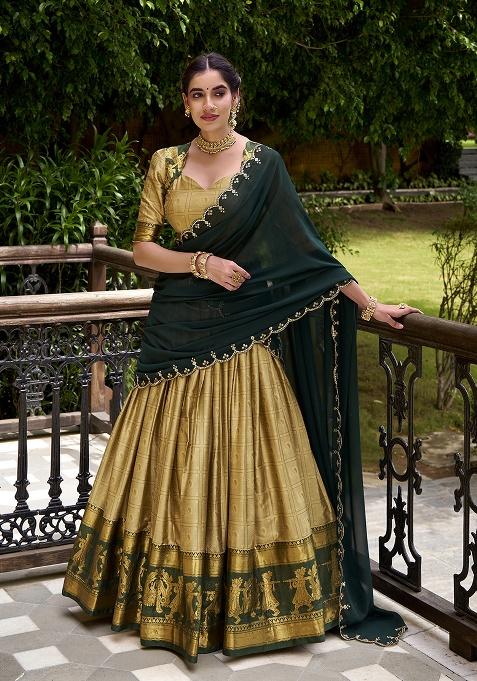 Cream Zari Weaving Poly Cotton Lehenga Set