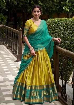 Yellow Zari Weaving Poly Cotton Lehenga Set