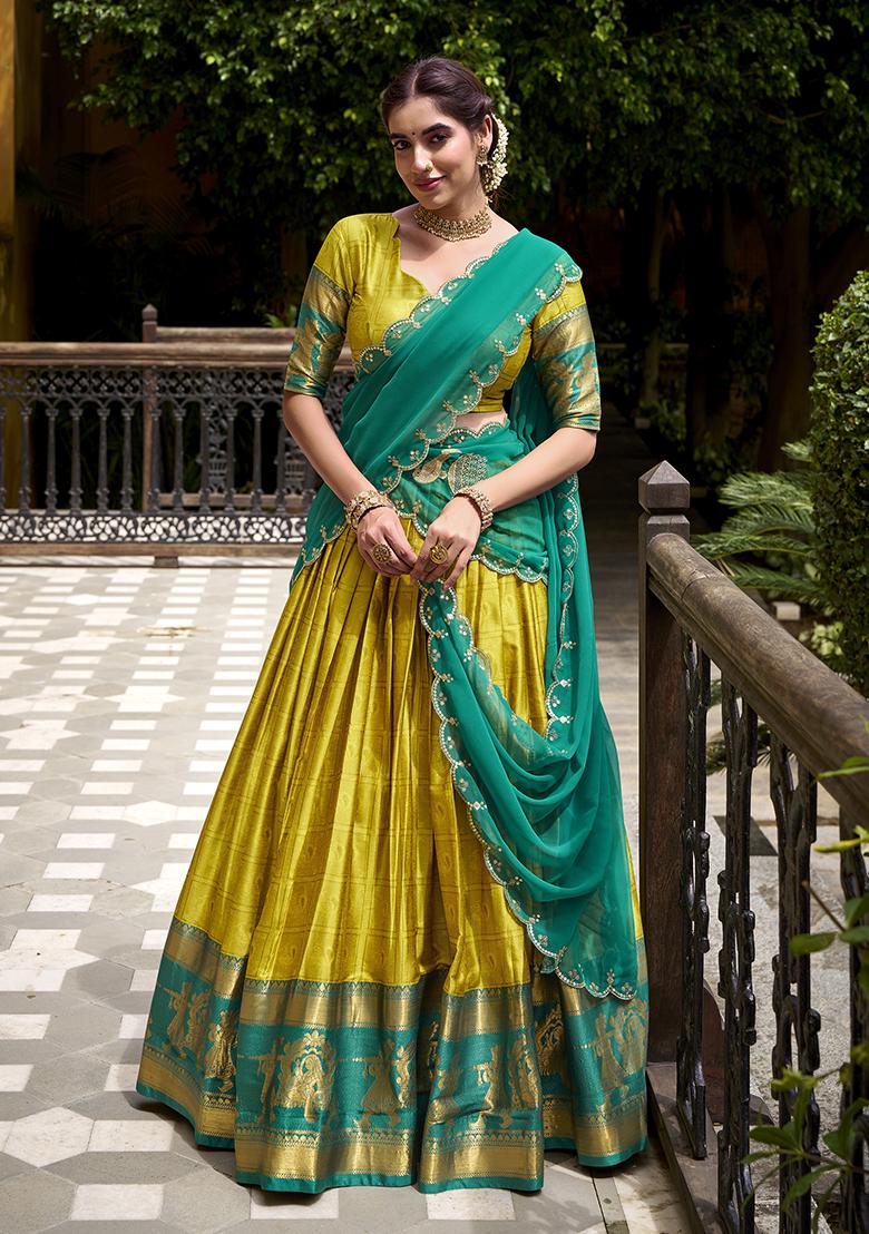 Yellow Zari Weaving Poly Cotton Lehenga Set - Indya